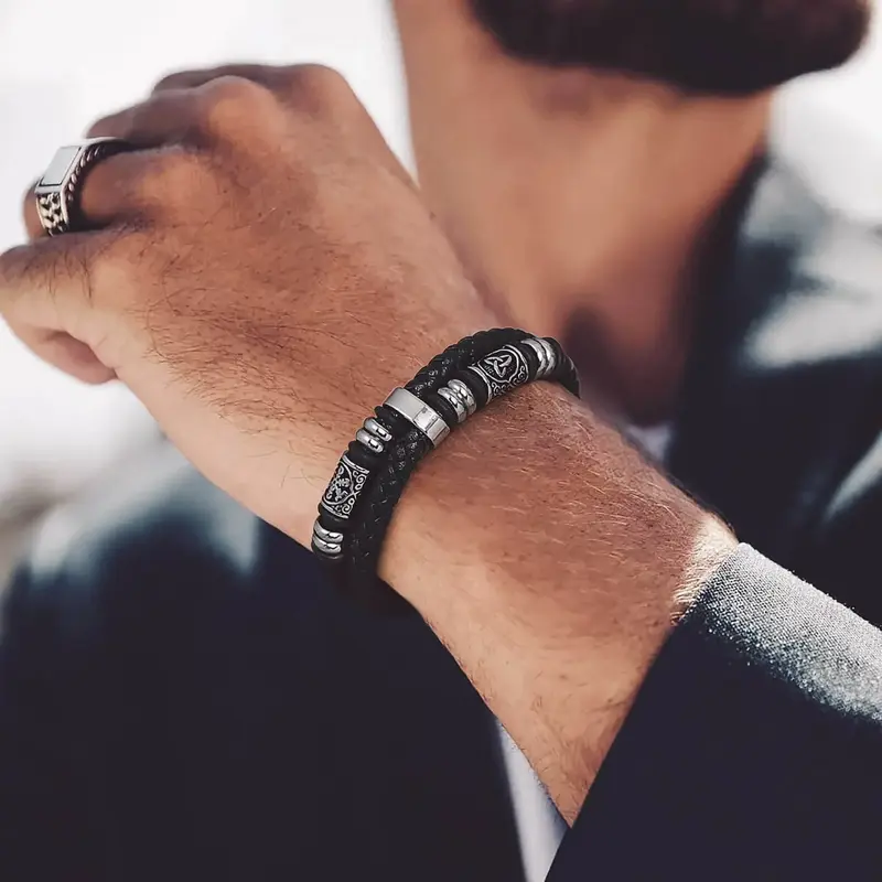 FaithHeart Viking Black Leather Braided Bracelet for Unisex Stainless Steel