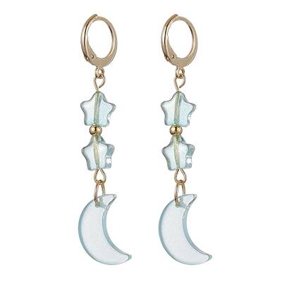 Moon & Star Glass Dangle Leverback Earrings with 304 Stainless Steel Pins
