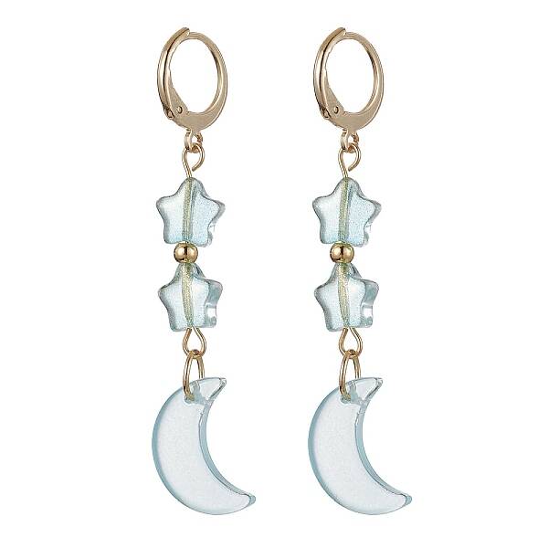 Moon & Star Glass Dangle Leverback Earrings with 304 Stainless Steel Pins