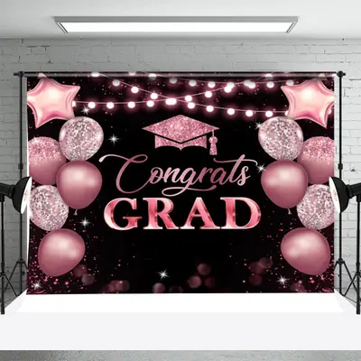Pink Sparkle Balloons Congrats Graduation Backdrop - Aperturee
