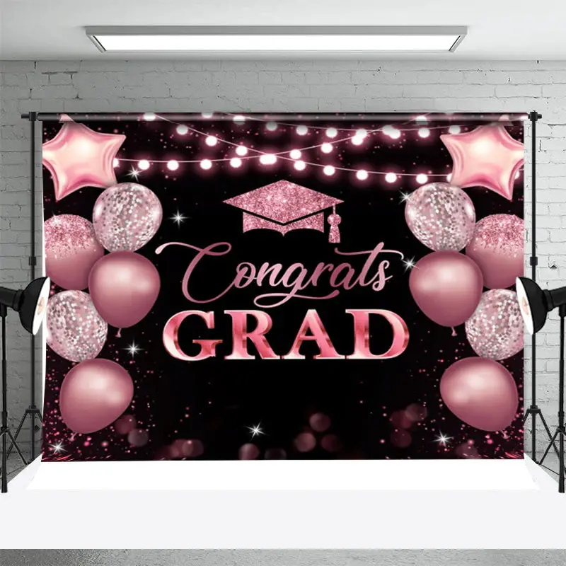 Pink Sparkle Balloons Congrats Graduation Backdrop - Aperturee