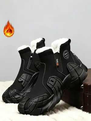 Sporty Men's Solid Color Thermal Lined Zipper Waterproof Outdoor Running Shoes, Casual Comfortable High Top Sports Shoes for ...