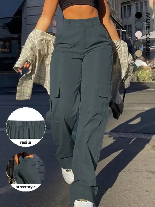 Women's Plain Flap Pocket Button High Waist Cargo Pants, Casual Elastic Waist Trousers for Fall & Winter, Ladies Bottoms for ...