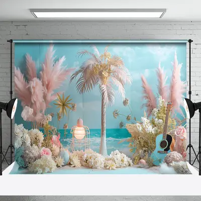 Beach Palm Trees Guitar Floral Cake Smash Backdrop