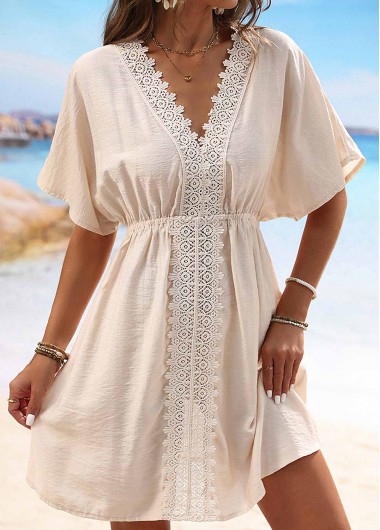 Modlily Embroidery Patchwork V Neck Beige Cover Up - L
