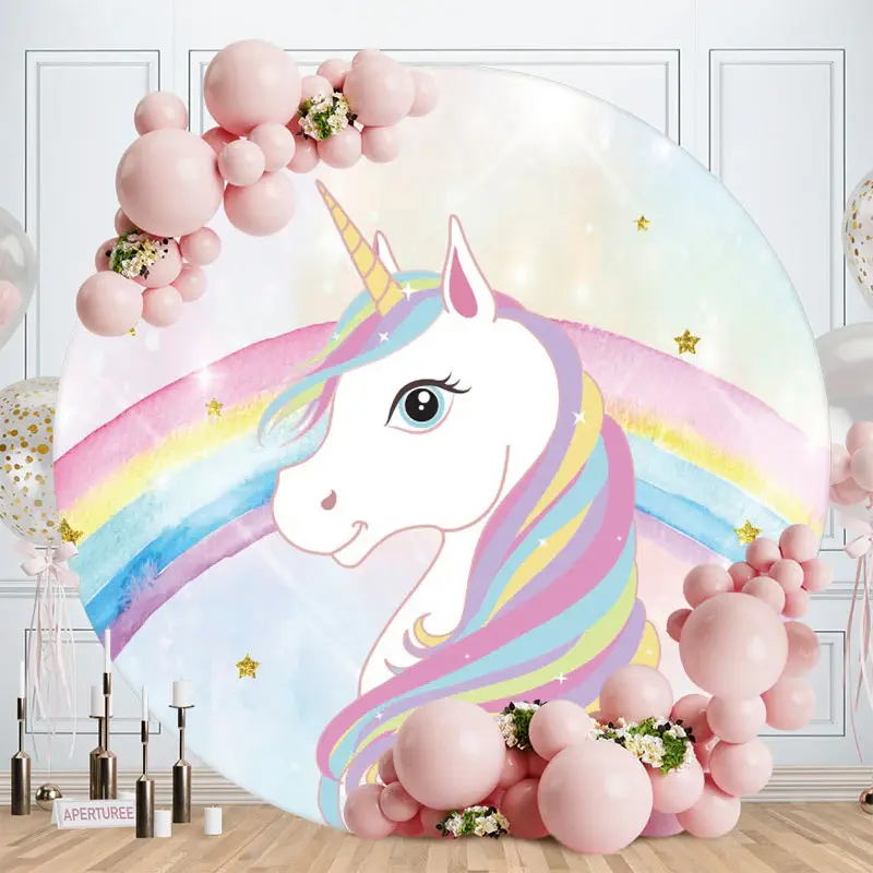 Aperturee Rainbow And Unicorn Pink Round Girls Birthday Backdrop