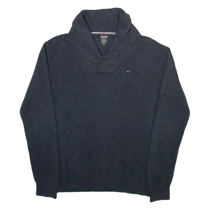 TOMMY HILFIGER Mens Jumper Grey Button Neck Tight Knit M