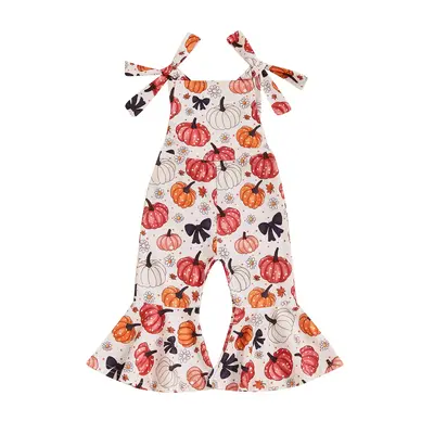 Baby Girl Halloween Jumpsuit Sleeveless Tie Strap Pumpkin Floral Print OverallsToddler Bell Bottoms