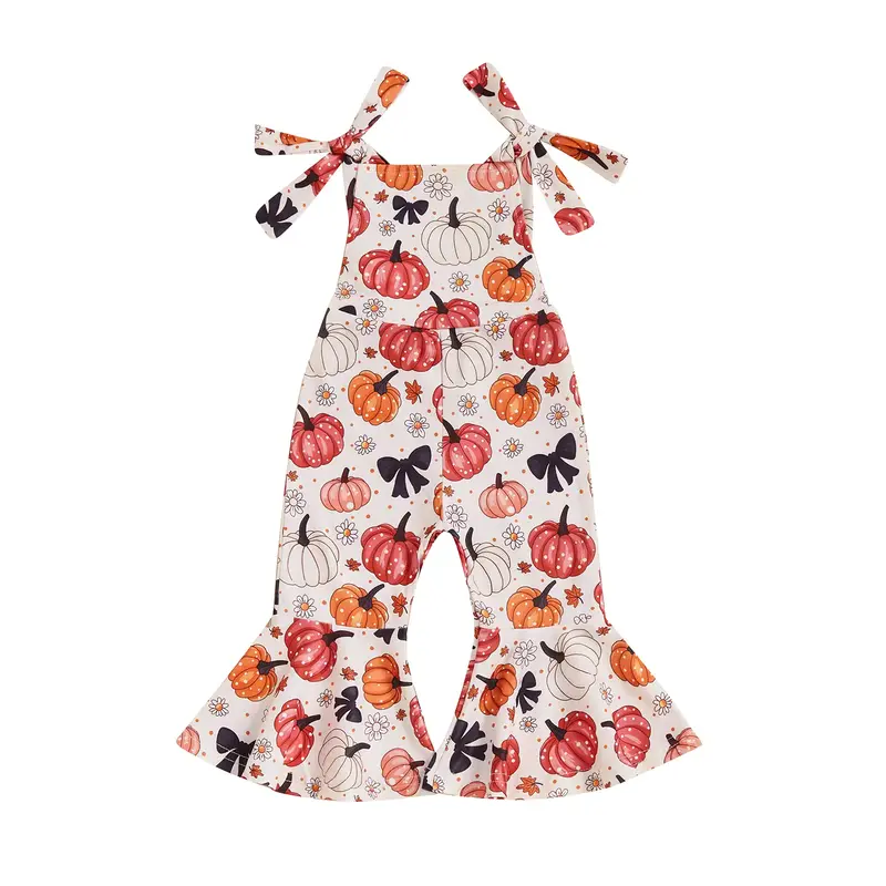 Baby Girl  Halloween Jumpsuit Sleeveless Tie Strap Pumpkin Floral Print OverallsToddler Bell Bottoms