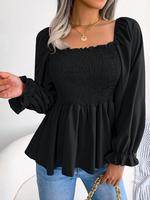 【Superfancyfashion】 Women's Shirred Square Neck Chiffon Blouse, Elegance Chic Fit Frill Trim Flounce Sleeve Peplum Top Fa...