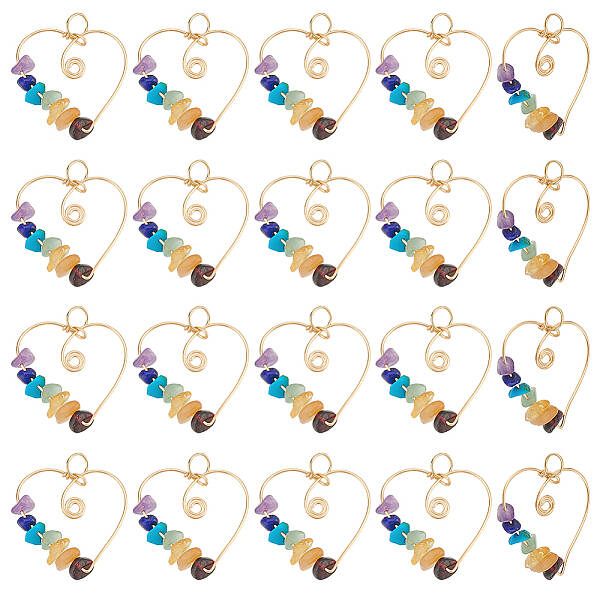 20Pcs Chakra Gemstone Chip Copper Wire Wrapped Pendants