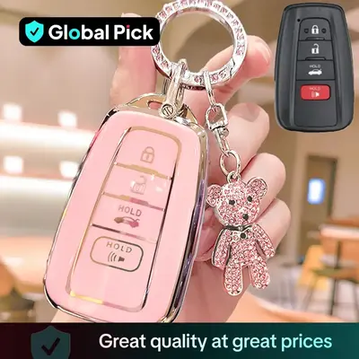Car Key Case, Rhinestone Bear Decor Car Key Protector, Soft TPU Key Protective Cover, Car Accessories for Toyota RAV4 Camry C...