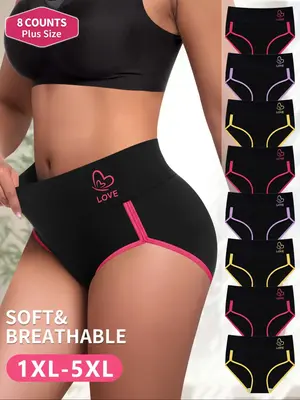 【Plus Size】 Butterfly & Letter Print Contrast Binding Brief, Soft Comfy Breathable Panty for Daily Wear, Women's Underwea...