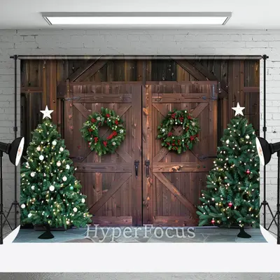 Wooden Barn Door Pine Wreath Tree Christmas Backdrop - Aperturee