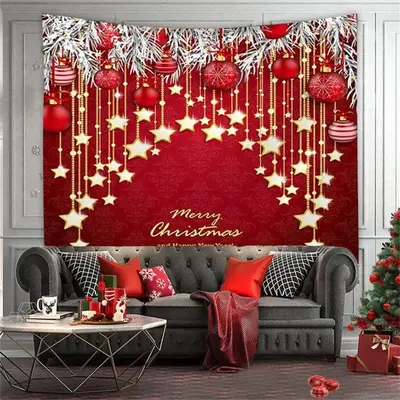 Golden Pentagram And Red Merry Christmas Wall Tapestry - Aperturee