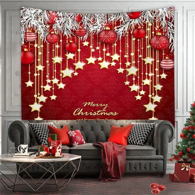 Golden Pentagram And Red Merry Christmas Wall Tapestry - Aperturee