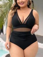Plus Size Sexy Contrast Mesh V Neck One-piece Swimsuit, Adjustable Strap Swimwear for Summer, Ladies Plus Size Swimwear for B...