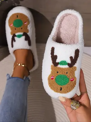 Christmas Themed Cartoon Santa Face Fuzzy Cushioned Slippers for Women, Cute Plush Christmas Tree & Deer & Snowman Graphic Ho...