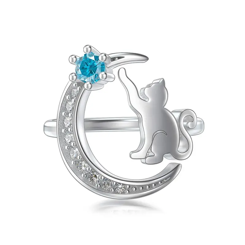 Sterling Silver Round Shaped Cubic Zirconia Cat Open Ring