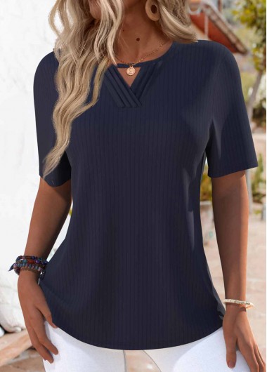 Modlily Navy Tuck Stitch Short Sleeve Round Neck T Shirt - XXL