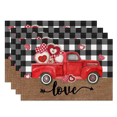 Aperturee Red Truck Plaid Valentines Day Set Of 4 Placemats, 14x12 Inch, 15.8 USD, NYJY00397-S, placemats