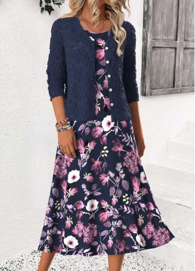 Modlily Navy Tummy Coverage Floral Print Dress and Cardigan - S
