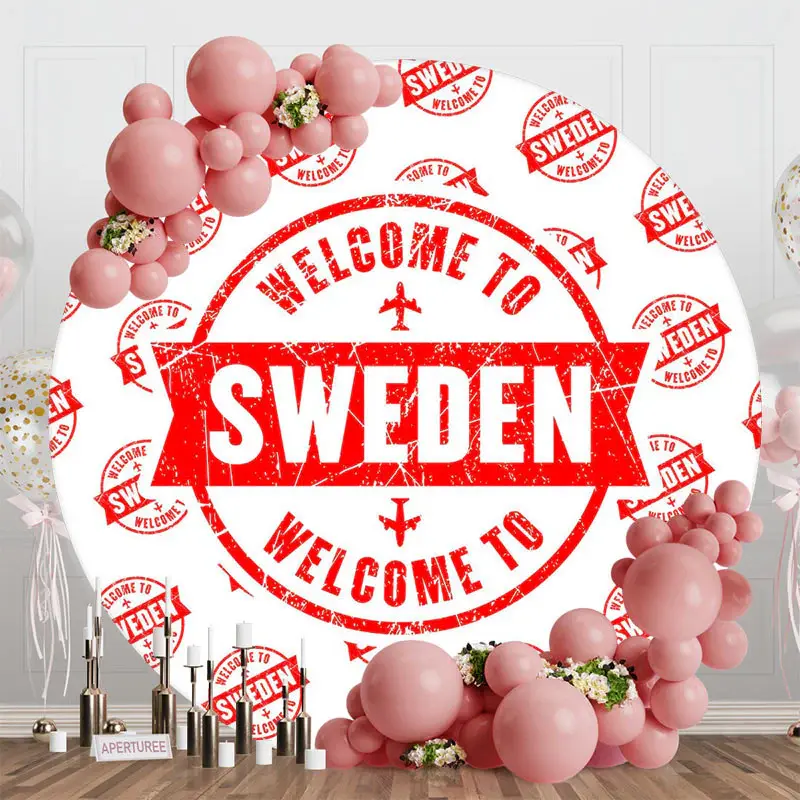 Round White Red Retro Welcome To Sweden Backdrop