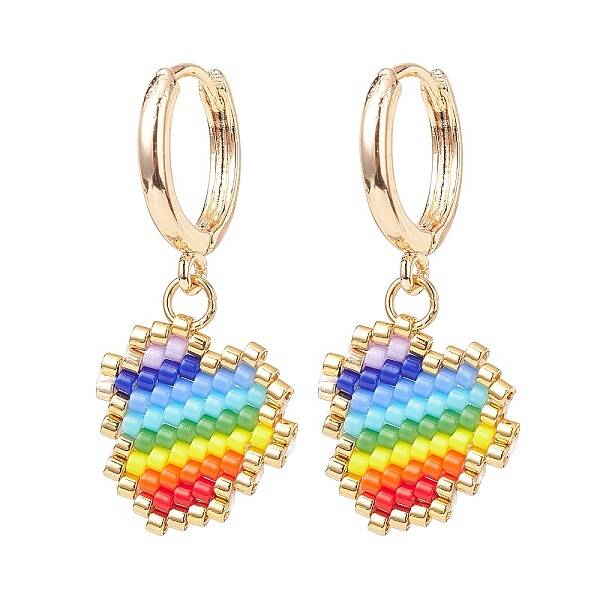 Rainbow Color Japanese Seed Braided Heart Dangle Hoop Earrings
