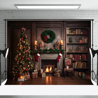 Aperturee Vintage Wooden Wall Fireplace Christmas Backdrop - Aperturee
