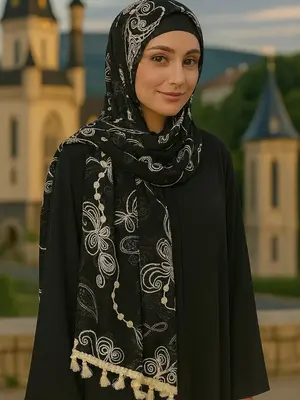 Embroidered Tassel Hijab Scarf – Muslim Fashion Shawl with Paisley Detailing