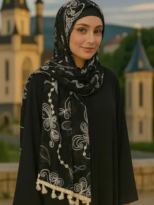 Embroidered Tassel Hijab Scarf – Muslim Fashion Shawl with Paisley Detailing