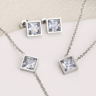 Rhombus 304 Stainless Steel Pave Clear Cubic Zirconia Link Bracelets & Stud Earrings & Pendant Necklaces