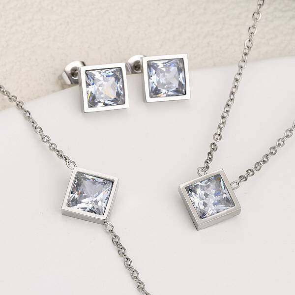 Rhombus 304 Stainless Steel Pave Clear Cubic Zirconia Link Bracelets & Stud Earrings & Pendant Necklaces