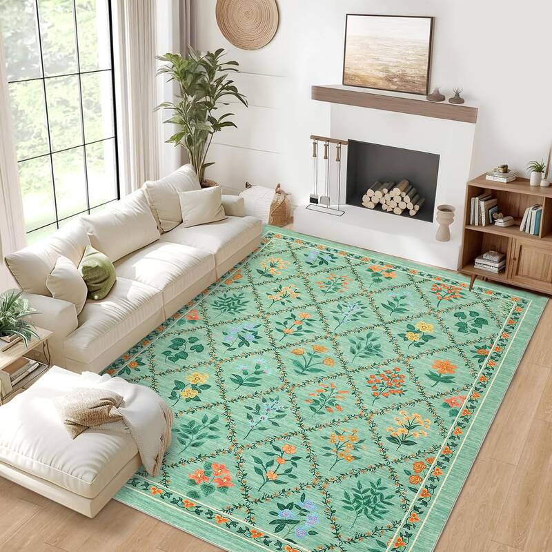 Garvee Large Area Rug 10x13 Floral Trellis Pattern Non-Slip, Stain Resistant 100% Polyester Low Pile Washable for Living Room...