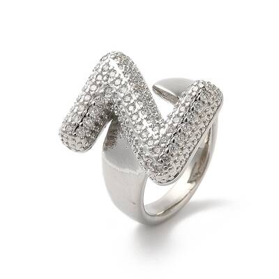 Letter Brass Micro Pave Clear Cubic Zirconia Open Cuff Ring for Women