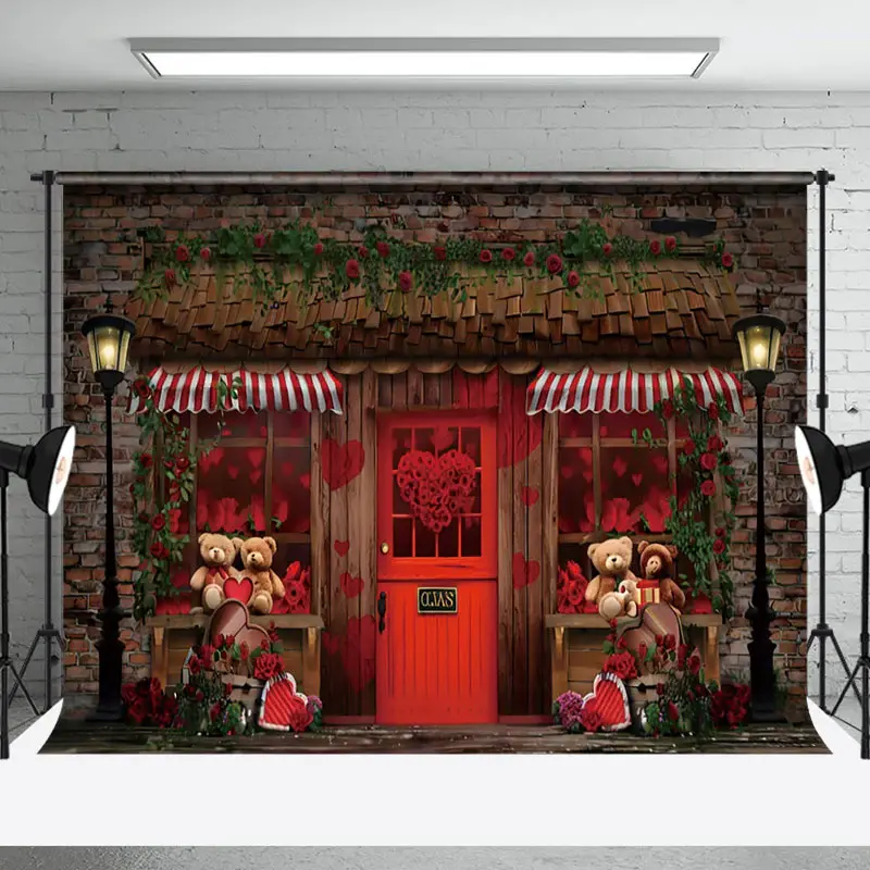 Aperturee Bricks Red Rose Store Bear Valentines Day Backdrop | Valentine'S Day Backdrops | Valentine Photo Backdrop | Valenti...