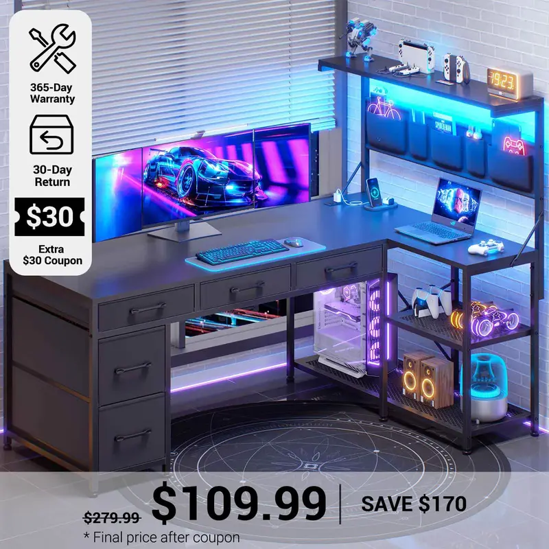 SEDETA | 47.2 Inch Reversible L Shaped Computer Desk with LED Lights Drawers, Corner Gaming Desk with Power Outlet, Storage S...