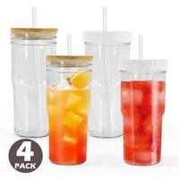 AGH 24oz Glass Water Bottle 4pcs Family Pack Lids & Glass Straws - Perfect for Bubble Tea Coffee Juice & Iced Drinks Bamboo L...