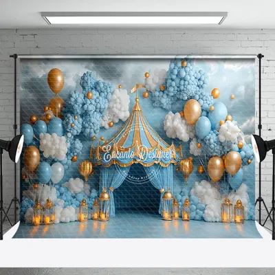 Blue White Balloons Circus Tent Cake Smash Backdrop - Aperturee
