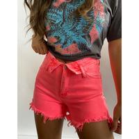 Fold Over Distressed Denim Shorts- Coral Pink