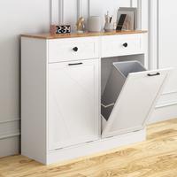 Vabches Trash Cabinet Double Trash Can, Free Standing Recycling Trash Cabinet With 2 Drawers For Kitchen