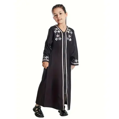 Girls' Elegant Long-Sleeve Kaftan Dress - V-Neck, Loose Fit, Polyester, Zip-Up Middle Eastern Attire for Ramadan - Available ...
