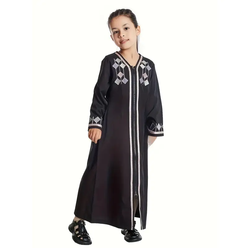 Girls' Elegant Long-Sleeve Kaftan Dress - V-Neck, Loose Fit, Polyester, Zip-Up Middle Eastern Attire for Ramadan - Available ...