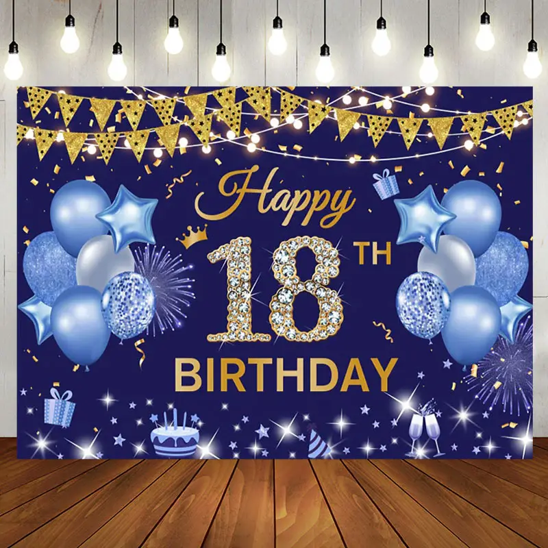 Aperturee Navy Blue Gold Flag Balloon 18TH Birthday Backdrop - Aperturee