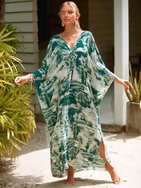 Women's Plus Size All Over Print Batwing Sleeve Kaftan, Boho V Neck Split Long Dress, Ladies Spring & Summer Clothes For Bea...