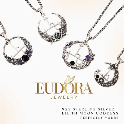 EUDORA 925 Sterling Silver Lilith Moon Necklace, Lilith Sigil Goddess Pendant, Pagan Triple Moon Amethyst Amulet, Personalize...