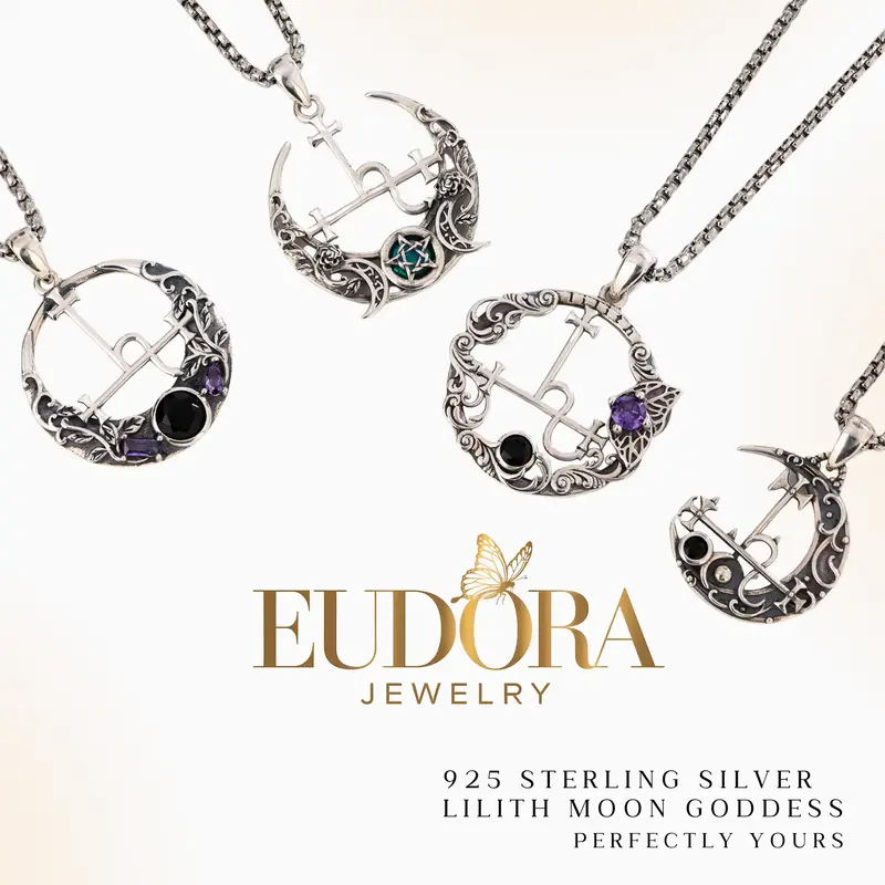 EUDORA 925 Sterling Silver Lilith Moon Necklace, Lilith Sigil Goddess Pendant, Pagan Triple Moon Amethyst Amulet, Personalize...