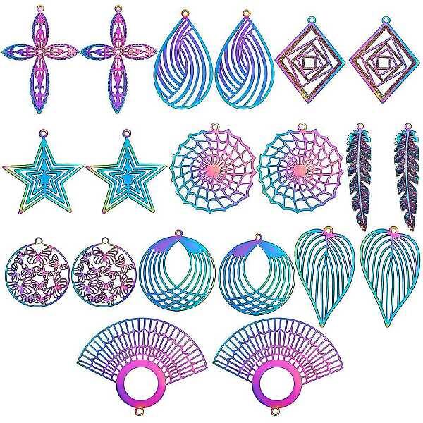 20Pcs 10 Style PVD Vacuum Plating 201 Stainless Steel Filigree Pendants