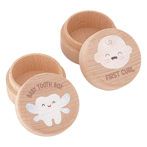 2Pcs 2 Styles Round Wood Deciduous Teeth Storage Boxes
