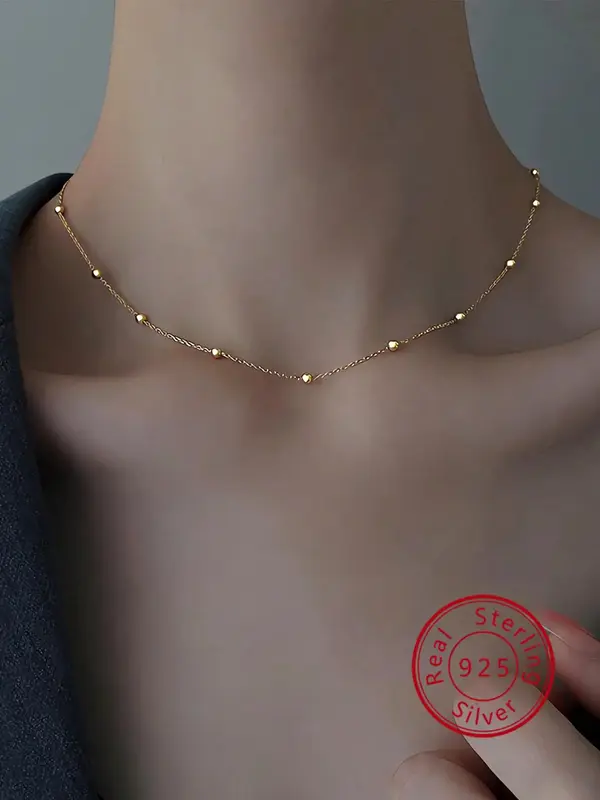 925 Sterling Silver Elegant Beaded Decor Chain Necklace for Women, Fashion Jewelry for Party, Daily Clothing Decor, Trendy & ...